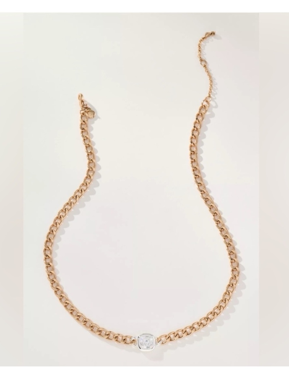 Anthropologie Gold Plated Chain Necklace Bezel Stone Two Tone Chunky New CZ 16”